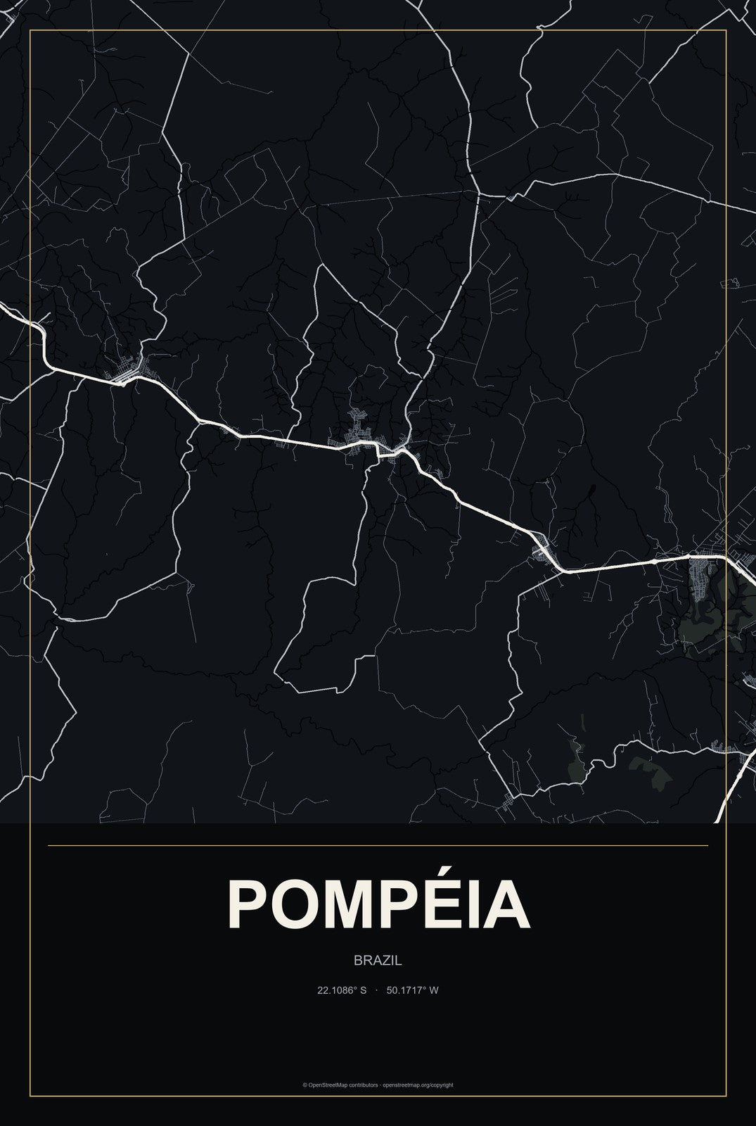 Pompéia, Brazil City Map Aluminum Sign in Metropolitan Noir style