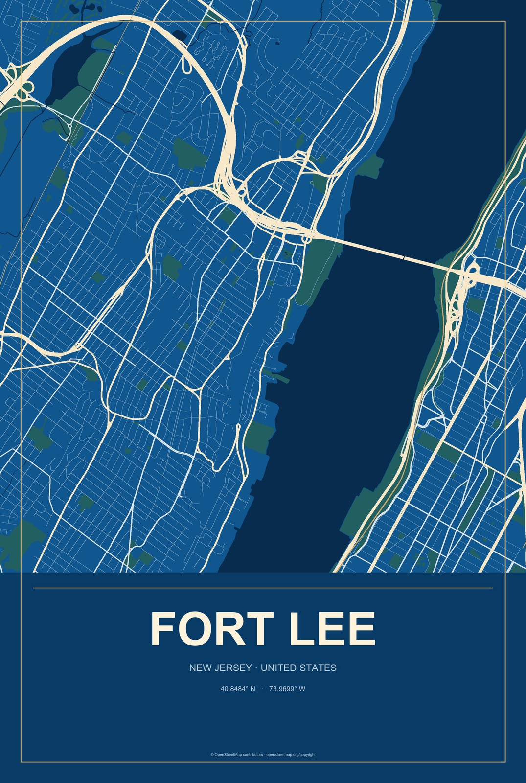 Fort Lee, New Jersey City Map Aluminum Sign in Harbor Cobalt style