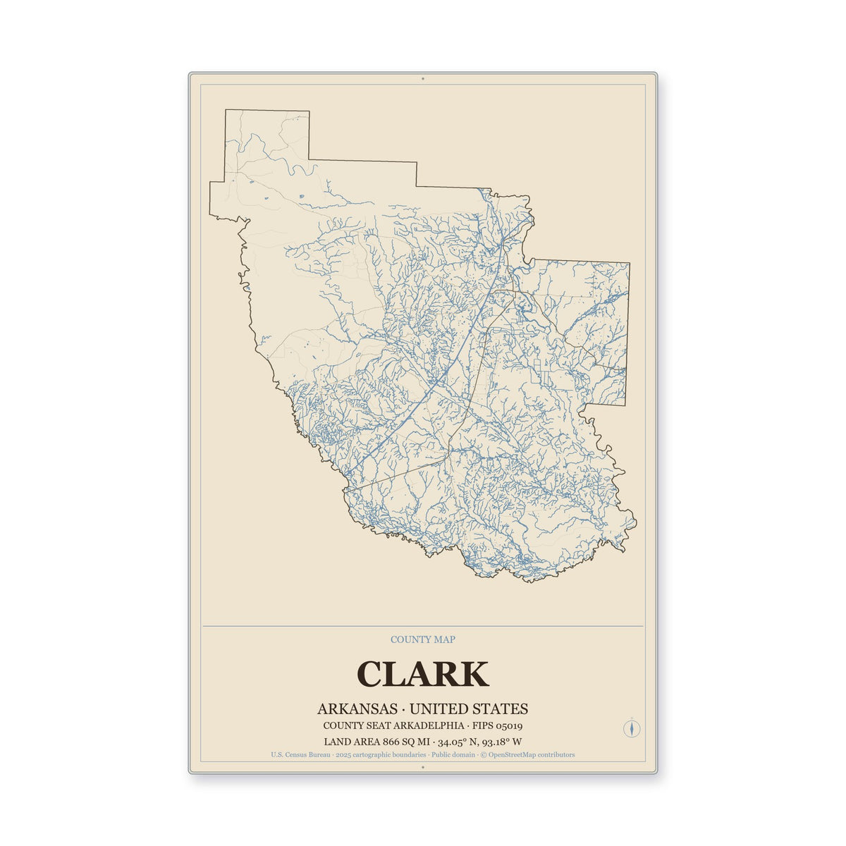 Clark County, Arkansas Map Aluminum Sign in Heritage Nautical style