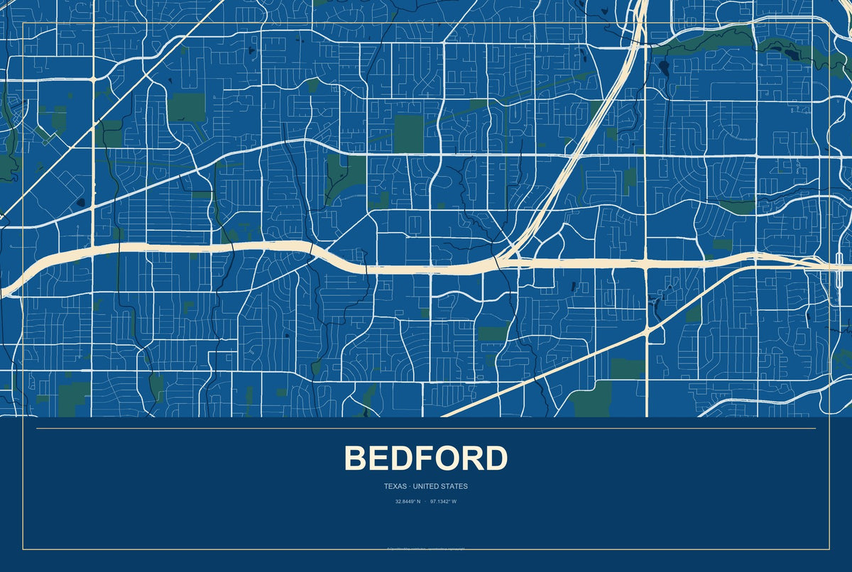 Bedford, Texas City Map Aluminum Sign in Harbor Cobalt style