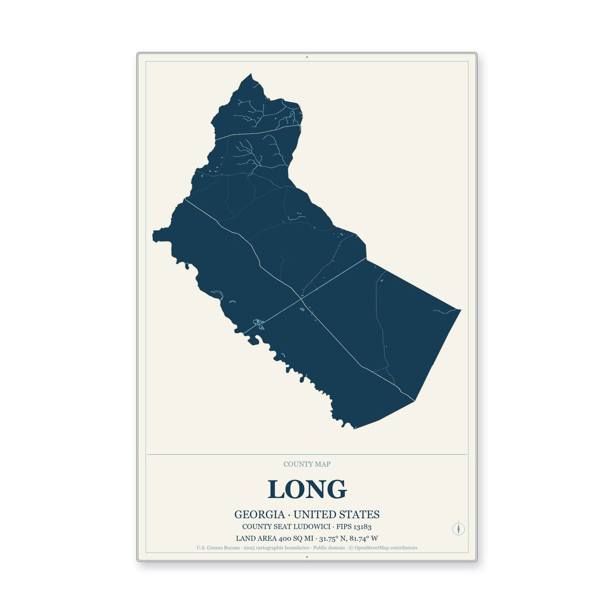 Long County, Georgia Map Aluminum Sign in Coastal Cutout style