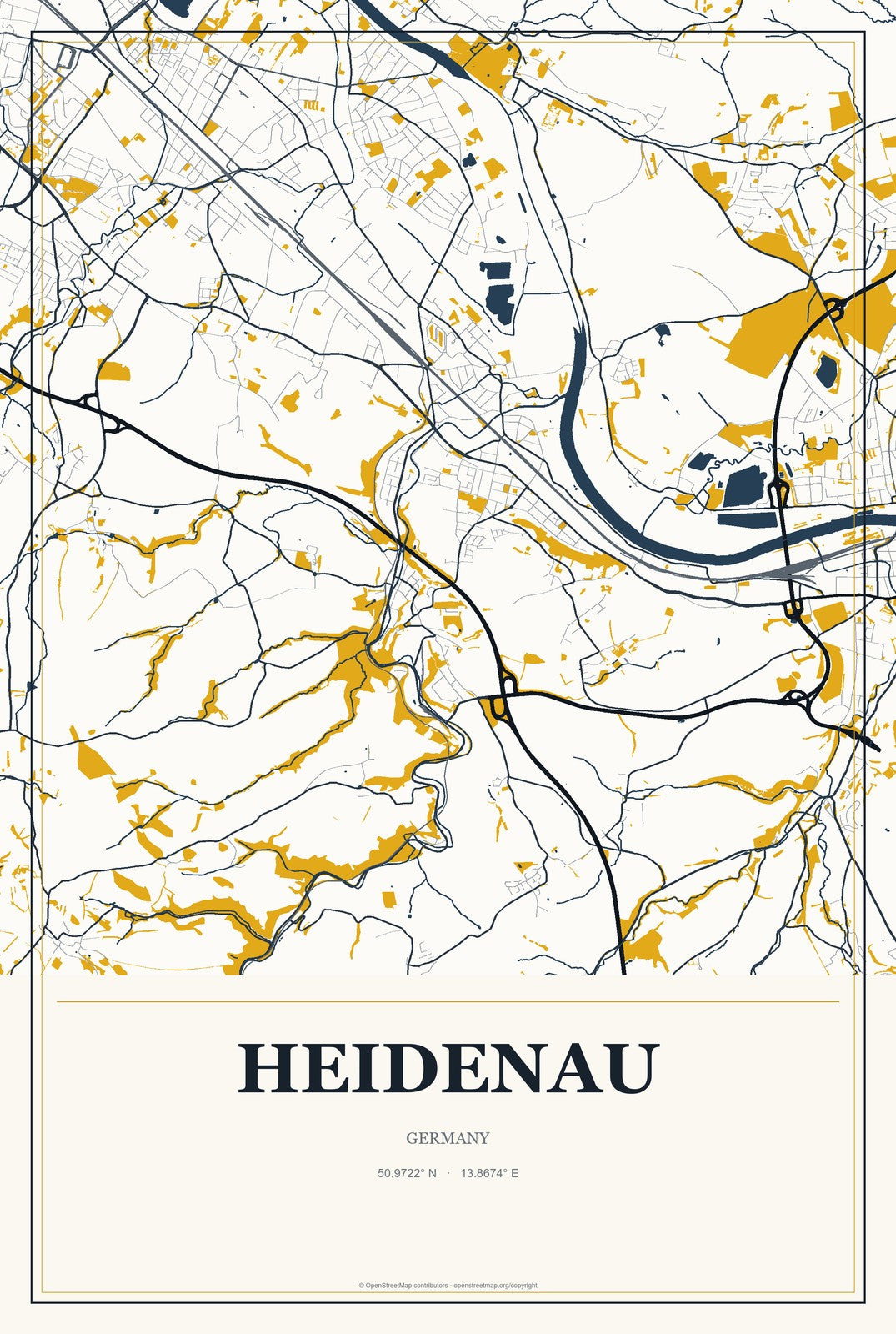 Heidenau, Germany City Map Aluminum Sign in Citrine Modern style