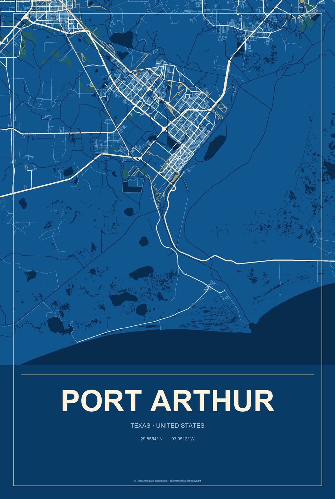 Port Arthur, Texas City Map Aluminum Sign in Harbor Cobalt style