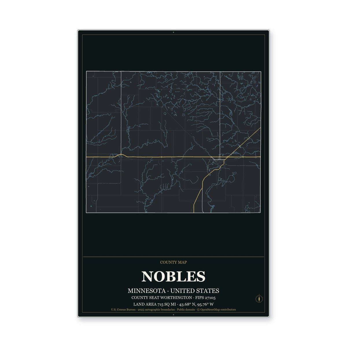 Nobles County, Minnesota Map Aluminum Sign in Metropolitan Noir style