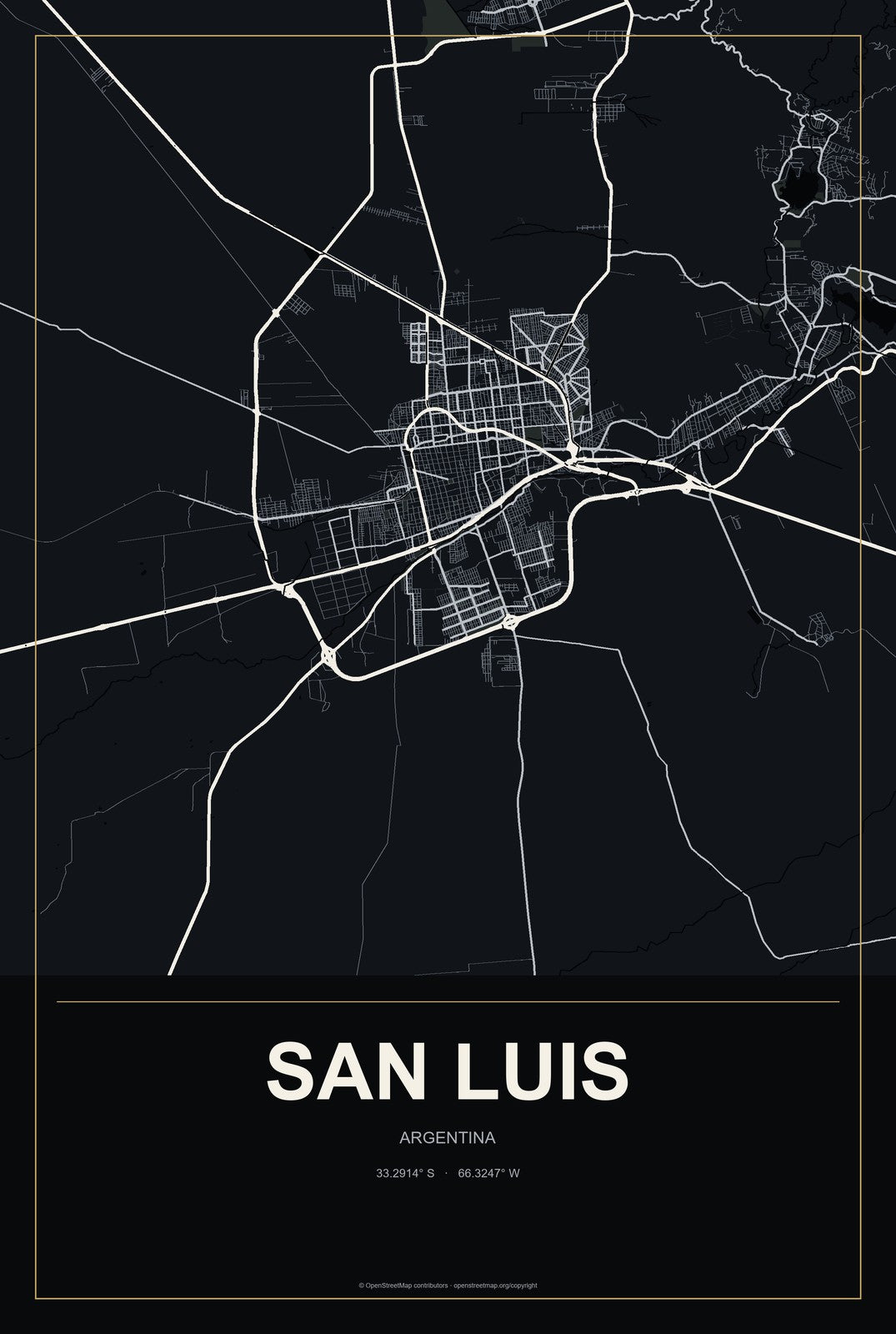 San Luis, Argentina City Map Aluminum Sign in Metropolitan Noir style