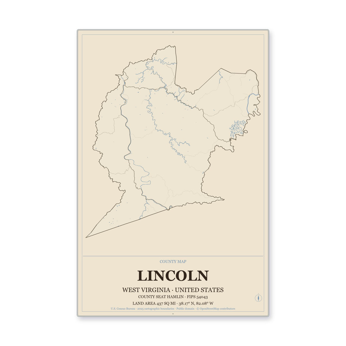Lincoln County, West Virginia Map Aluminum Sign in Heritage Nautical style