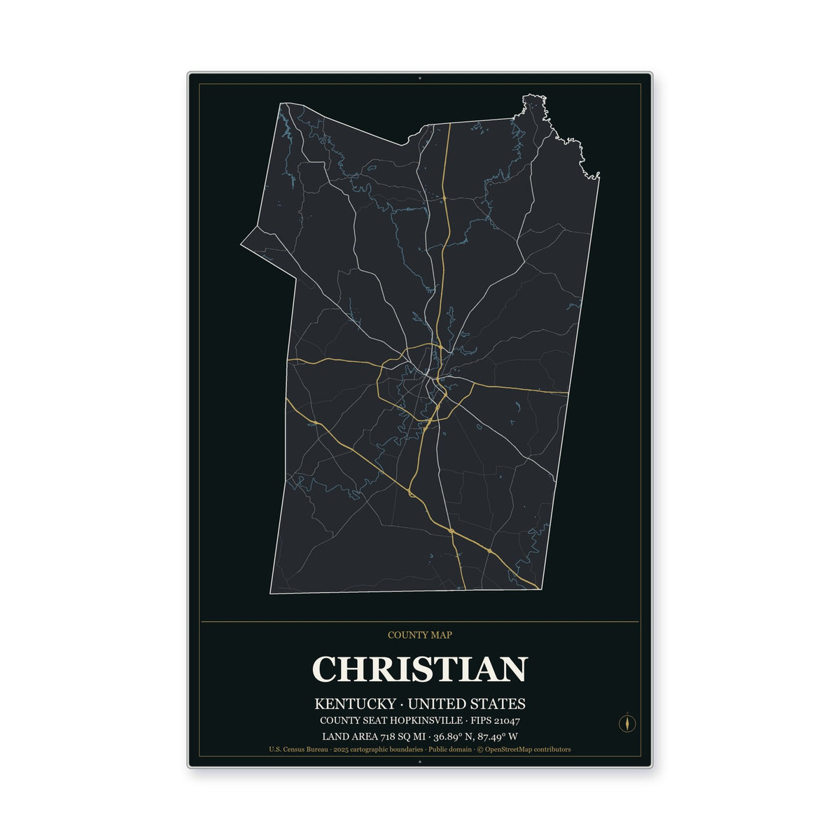 Christian County, Kentucky Map Aluminum Sign in Metropolitan Noir style