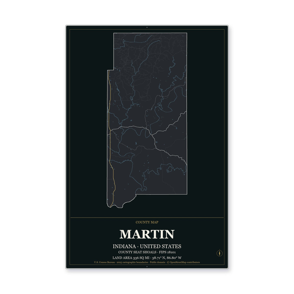 Martin County, Indiana Map Aluminum Sign in Metropolitan Noir style