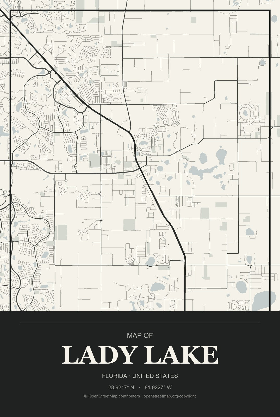 Lady Lake, Florida City Map Aluminum Sign in Museum Plaque style