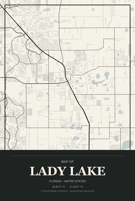 Lady Lake, Florida City Map Aluminum Sign in Museum Plaque style