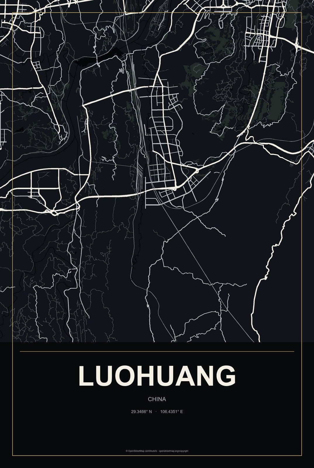 Luohuang, China City Map Aluminum Sign in Metropolitan Noir style