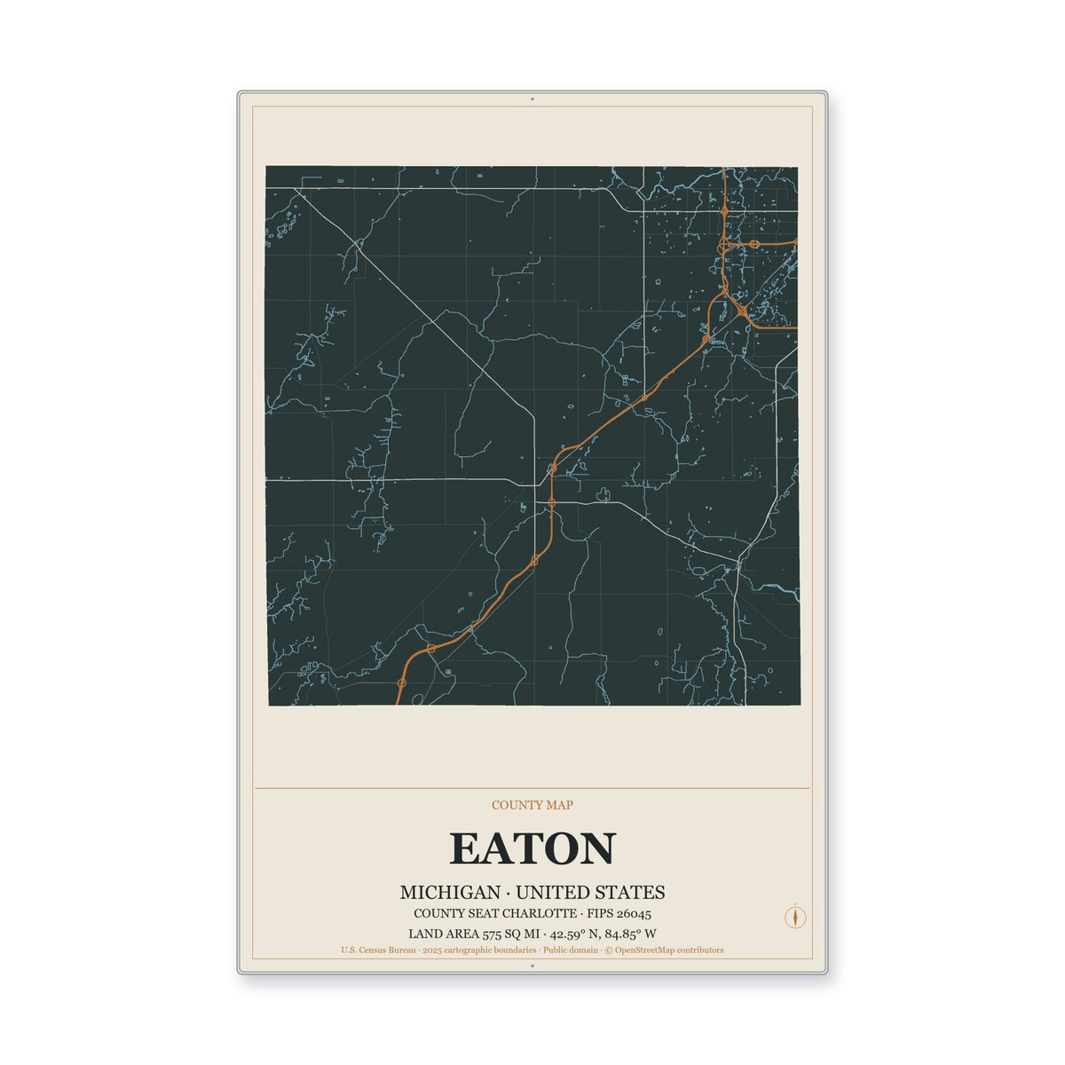 Eaton County, Michigan Map Aluminum Sign in Headline Atlas style