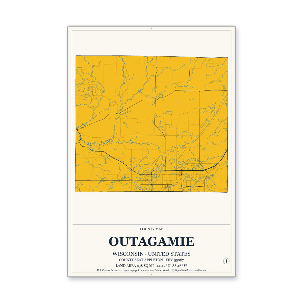 Outagamie County, Wisconsin Map Aluminum Sign in Citrine Modern style