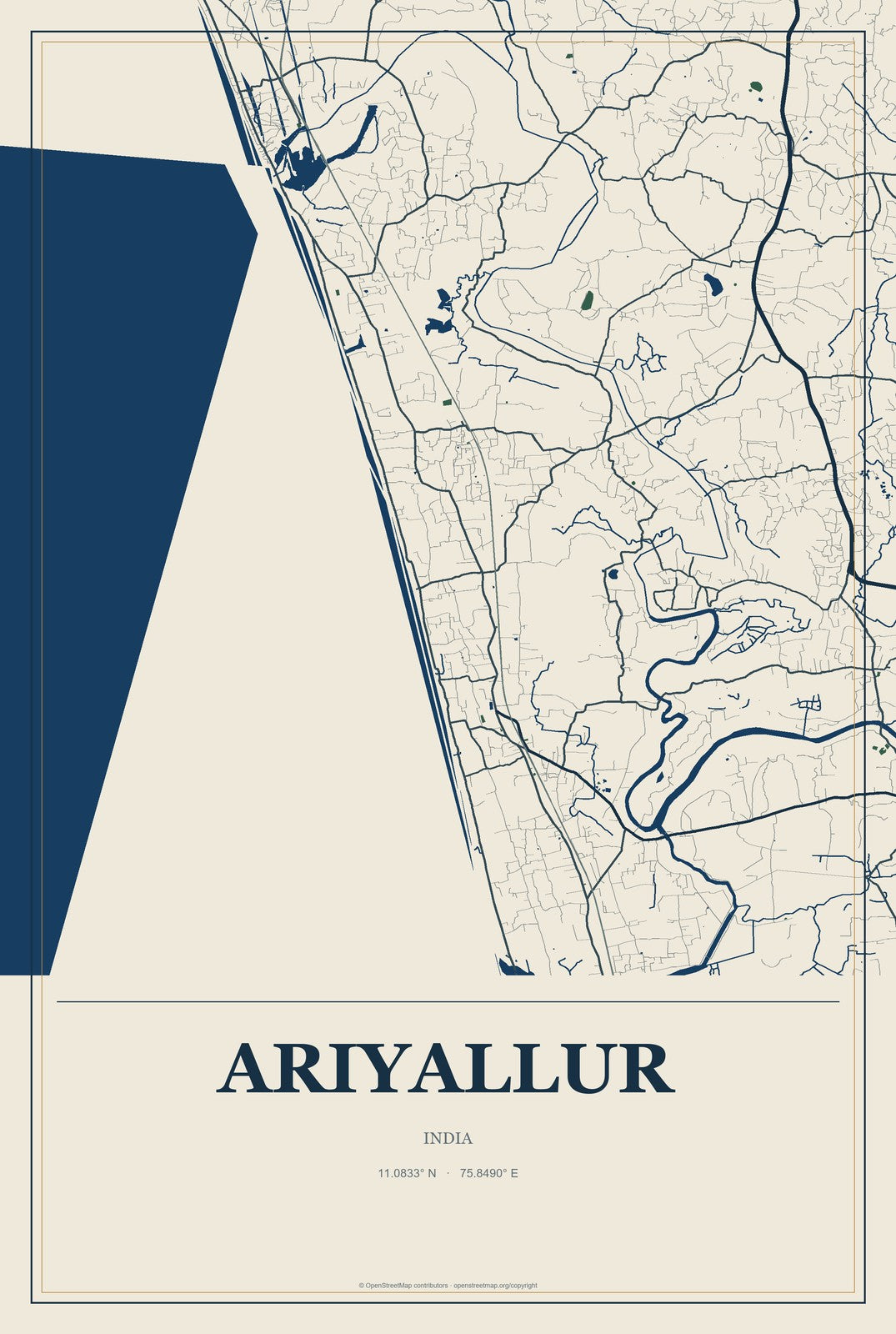 Ariyallur, India City Map Aluminum Sign in Coastal Cutout style