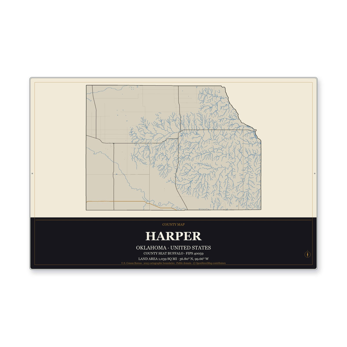 Harper County, Oklahoma Map Aluminum Sign in Museum Plaque style
