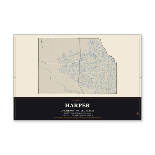 Harper County, Oklahoma Map Aluminum Sign in Museum Plaque style