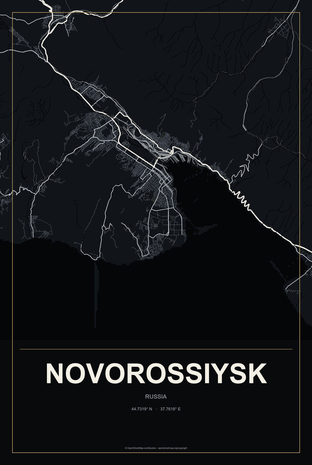 Novorossiysk, Russia City Map Aluminum Sign in Metropolitan Noir style