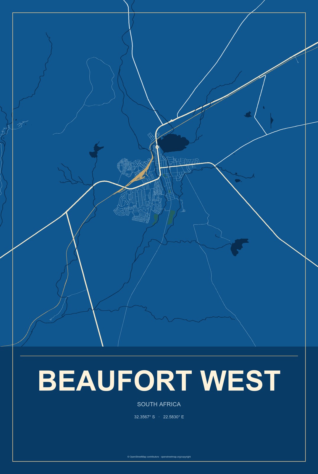 Beaufort West, South Africa City Map Aluminum Sign in Harbor Cobalt style