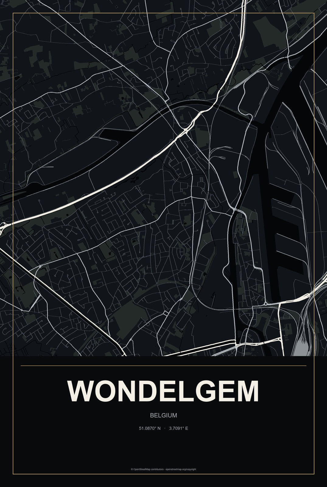Wondelgem, Belgium City Map Aluminum Sign in Metropolitan Noir style