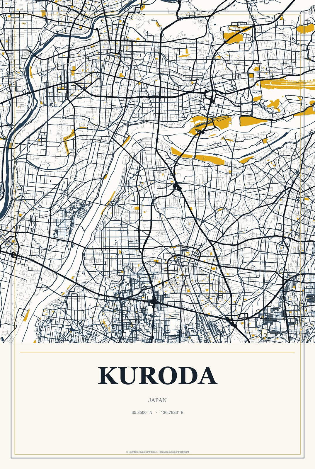 Kuroda, Japan City Map Aluminum Sign in Citrine Modern style