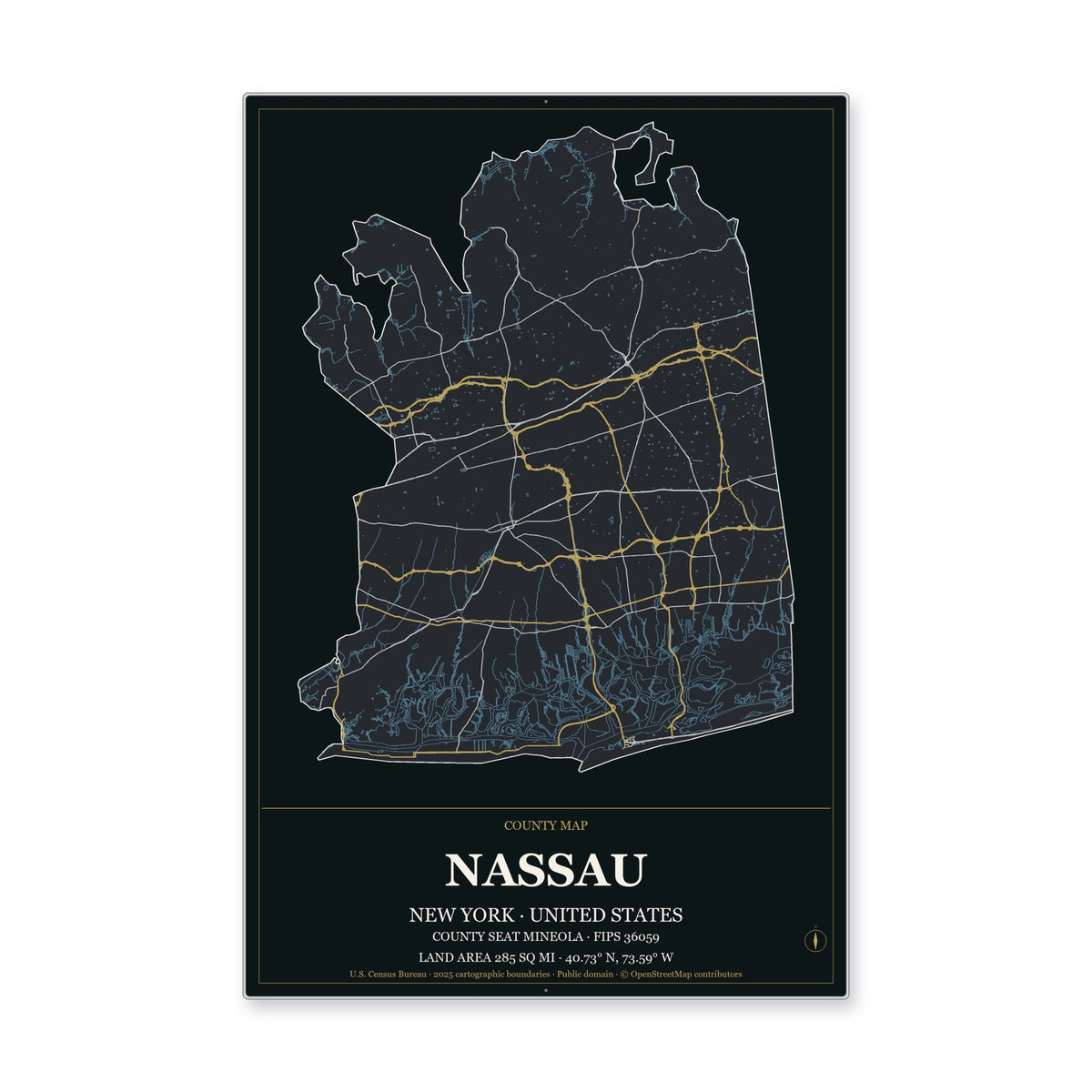 Nassau County, New York Map Aluminum Sign in Metropolitan Noir style