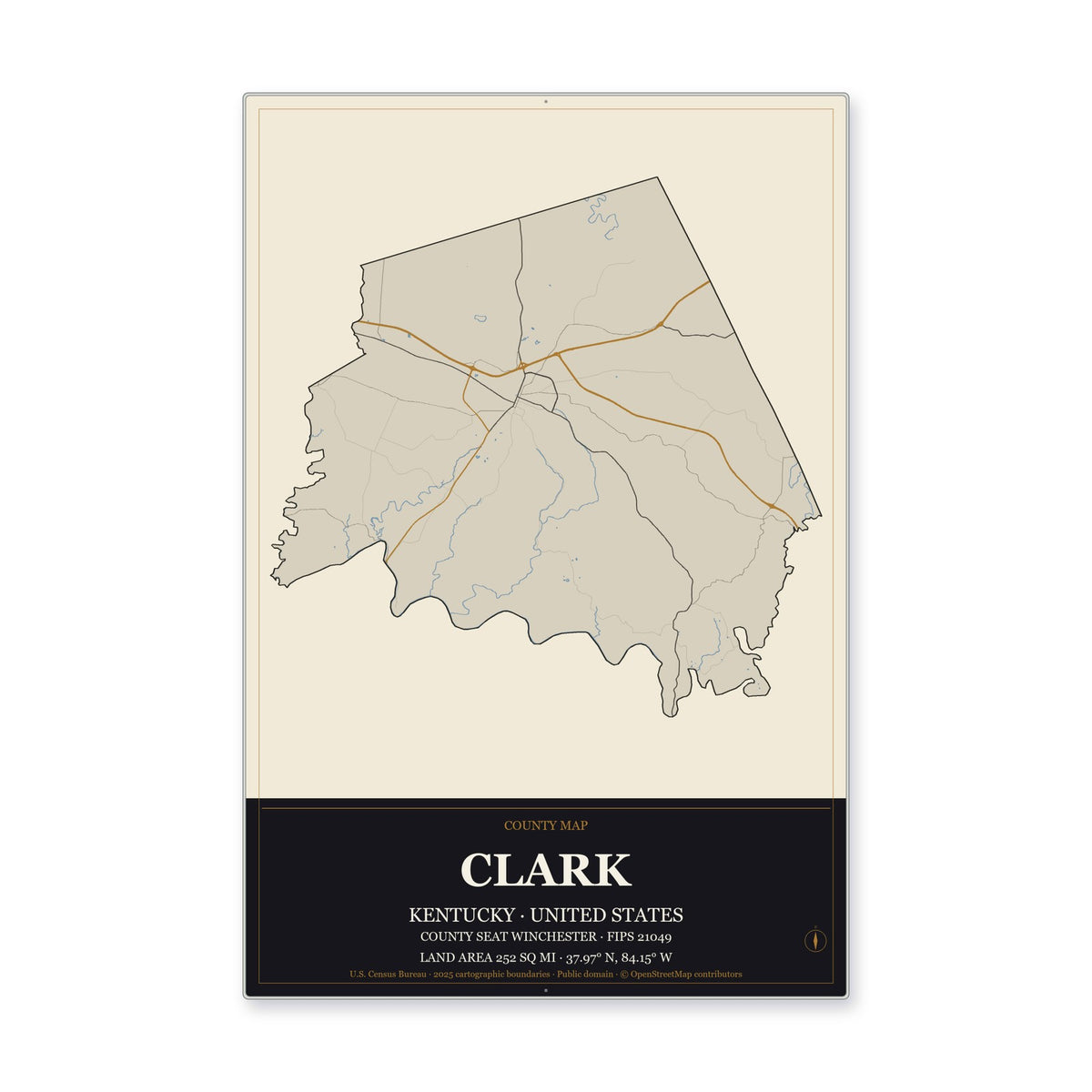 Clark County, Kentucky Map Aluminum Sign in Museum Plaque style