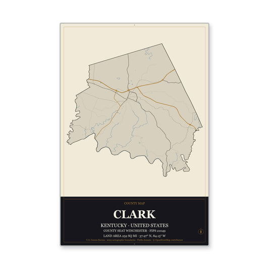 Clark County, Kentucky Map Aluminum Sign in Museum Plaque style