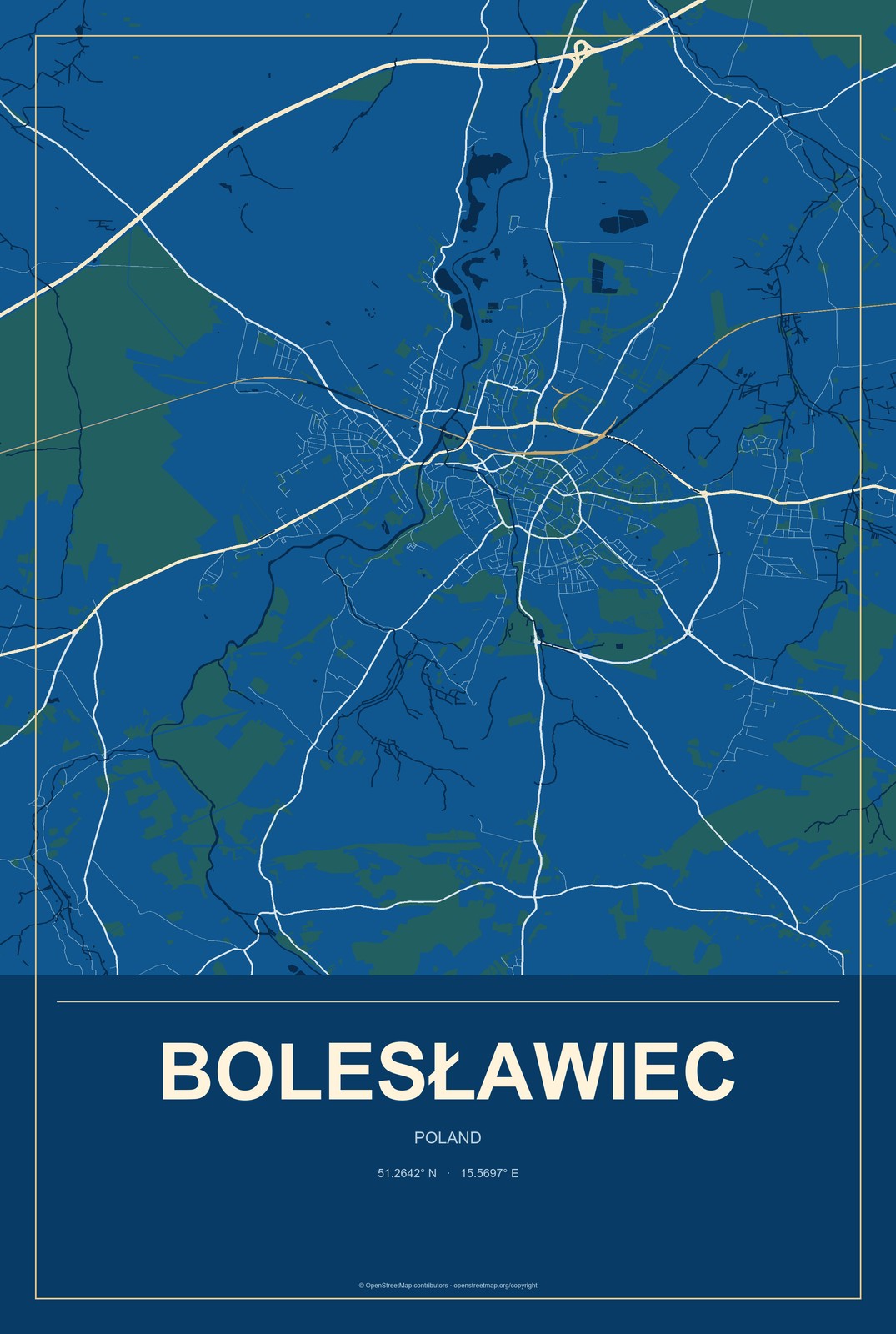 Bolesławiec, Poland City Map Aluminum Sign in Harbor Cobalt style