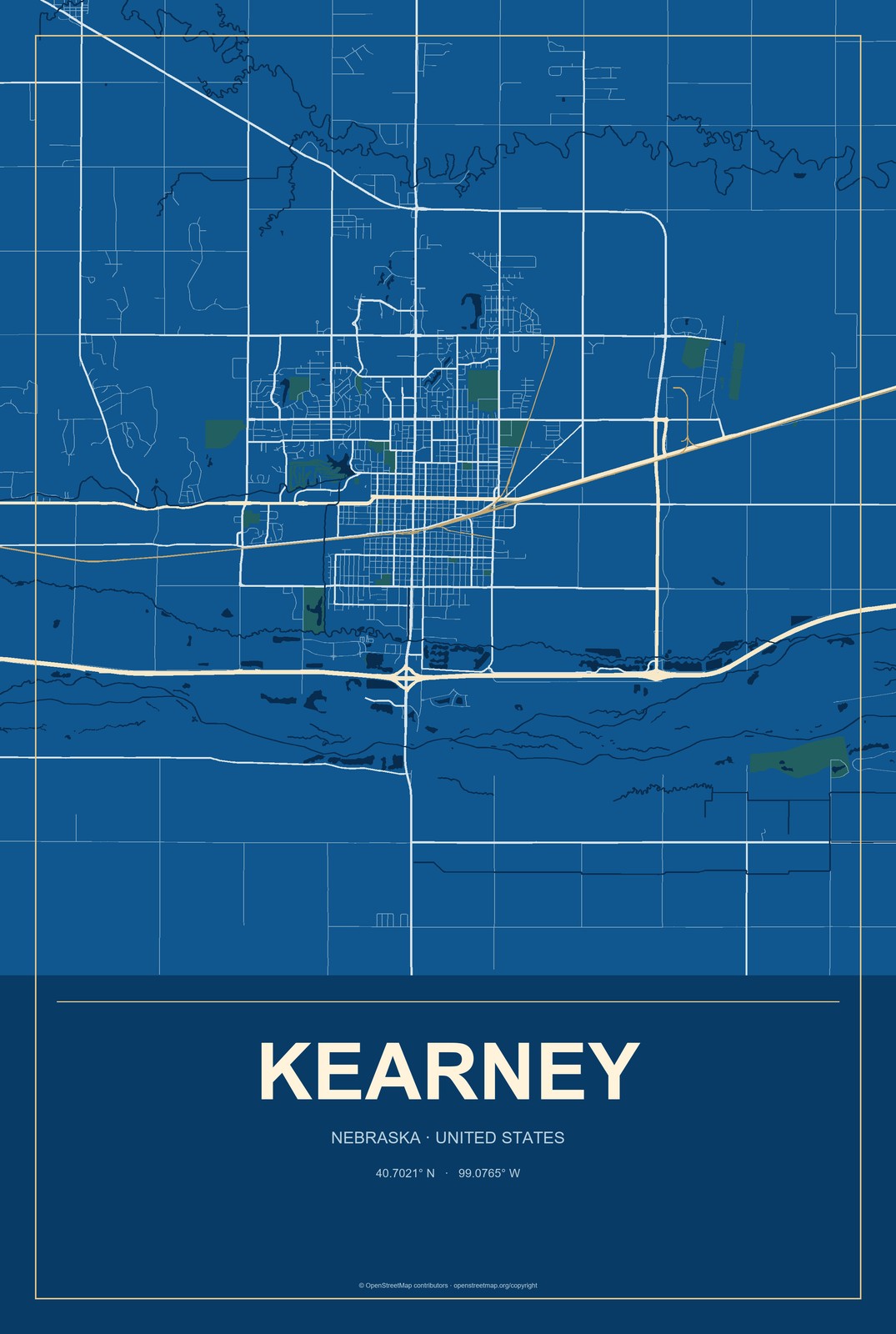 Kearney, Nebraska City Map Aluminum Sign in Harbor Cobalt style