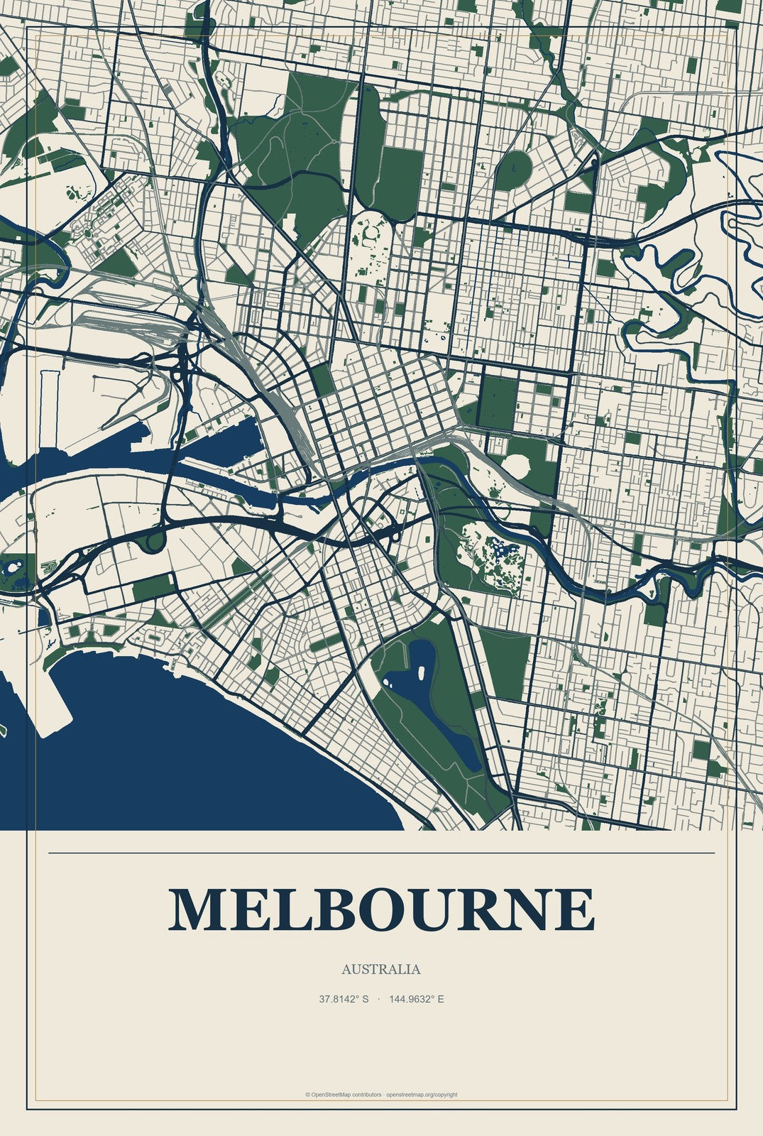 Melbourne, Australia City Map Aluminum Sign in Coastal Cutout style
