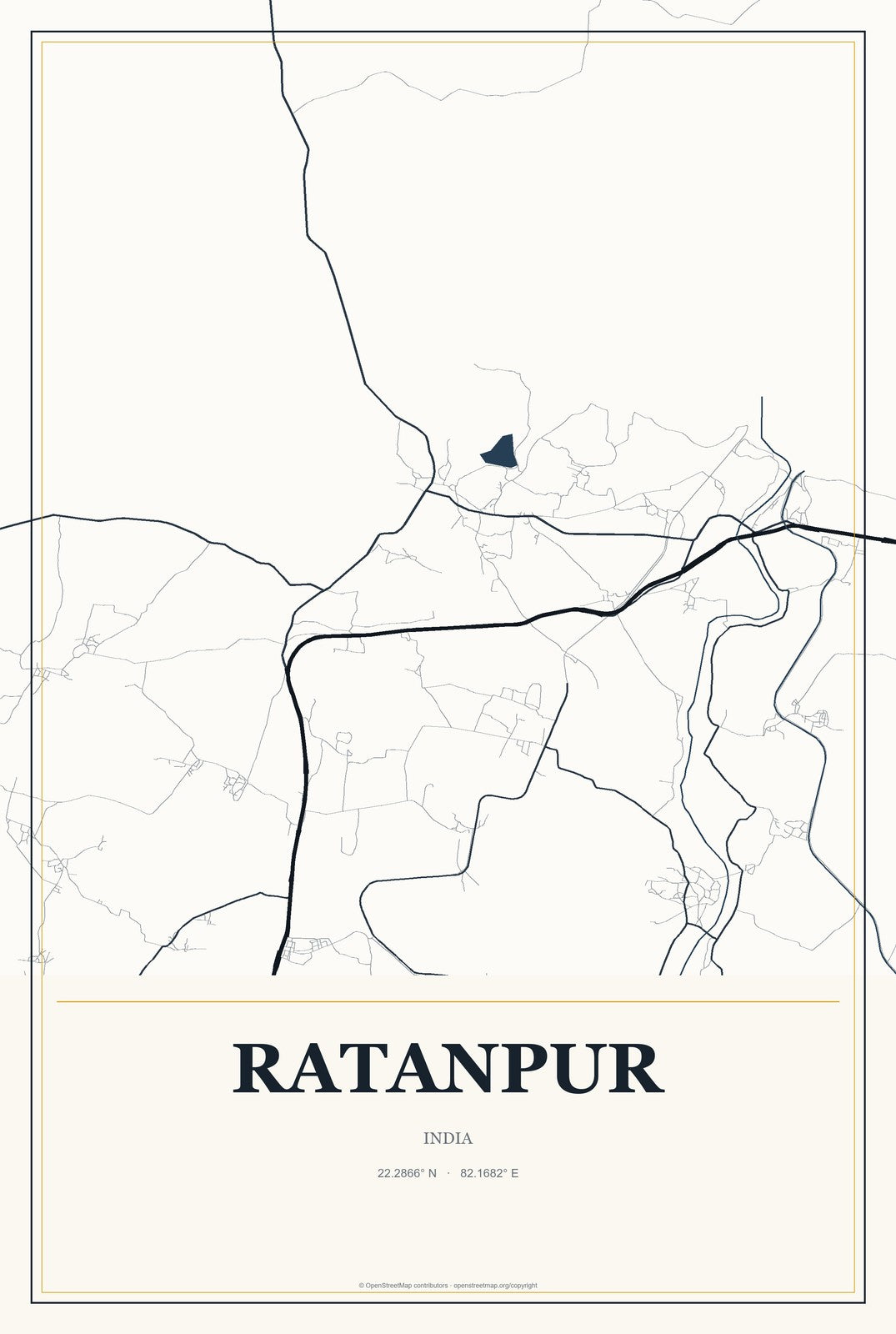 Ratanpur, India City Map Aluminum Sign in Citrine Modern style