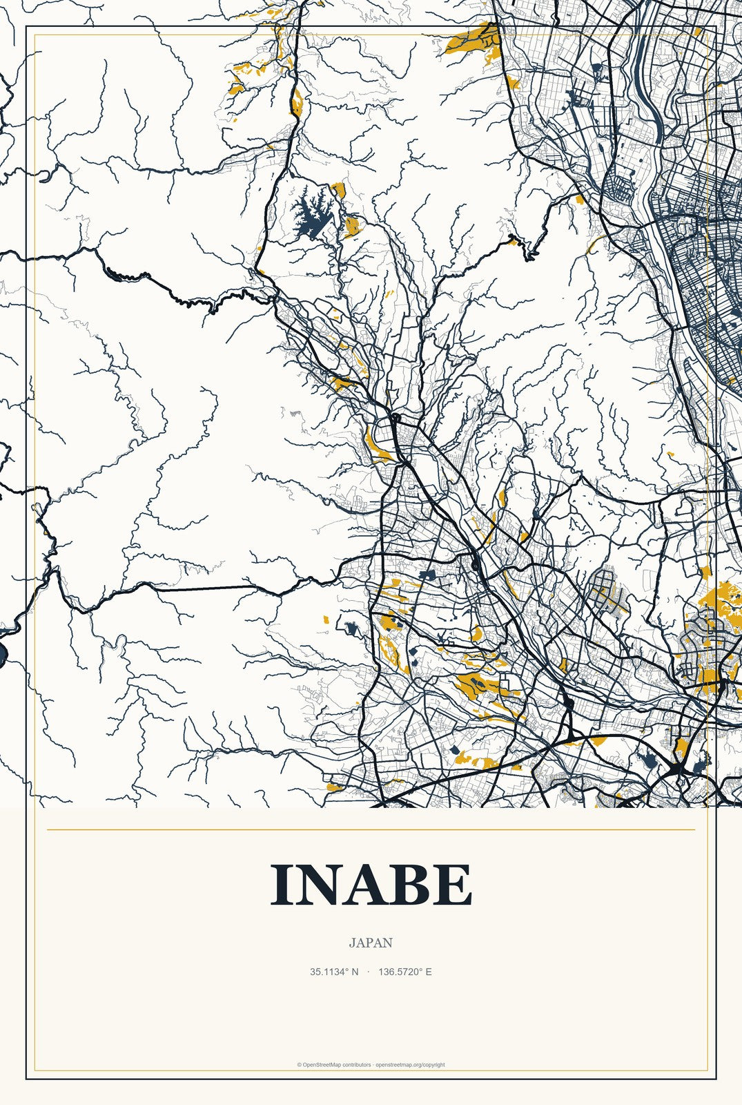 Inabe, Japan City Map Aluminum Sign in Citrine Modern style