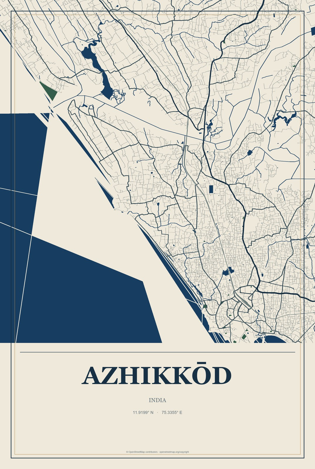 Azhikkōd, India City Map Aluminum Sign in Coastal Cutout style