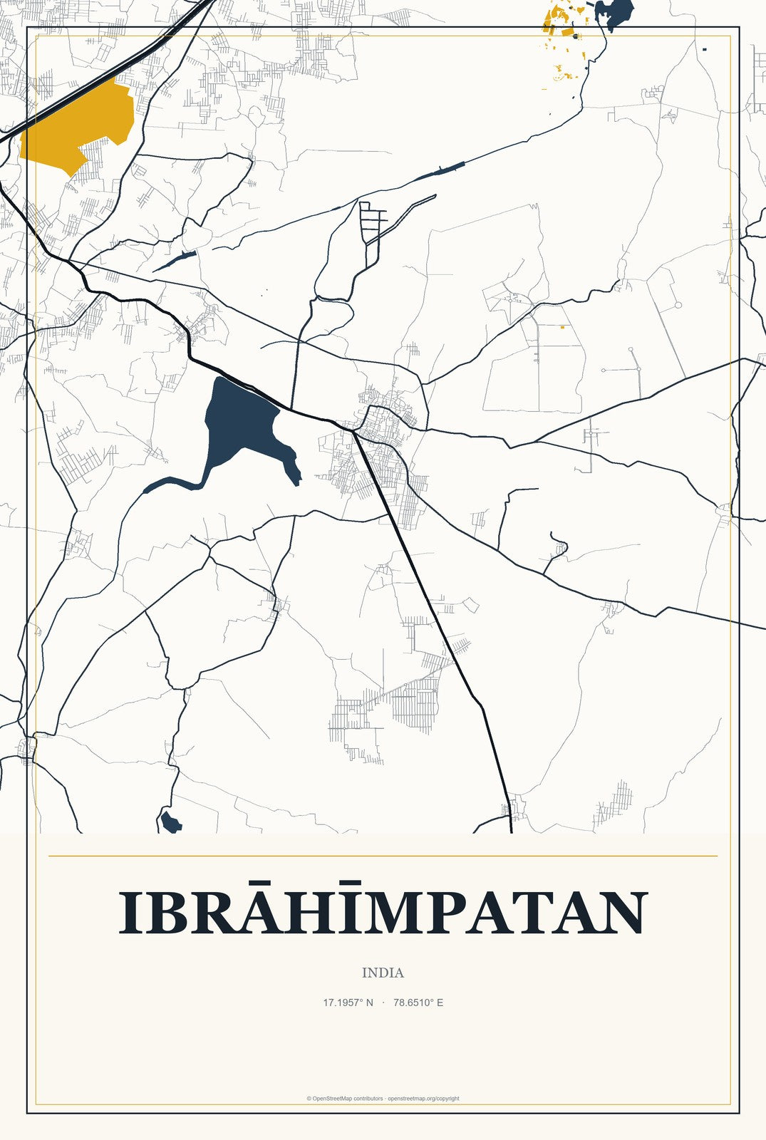 Ibrāhīmpatan, India City Map Aluminum Sign in Citrine Modern style
