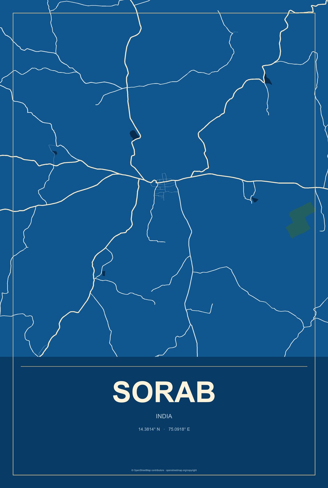 Sorab, India City Map Aluminum Sign in Harbor Cobalt style