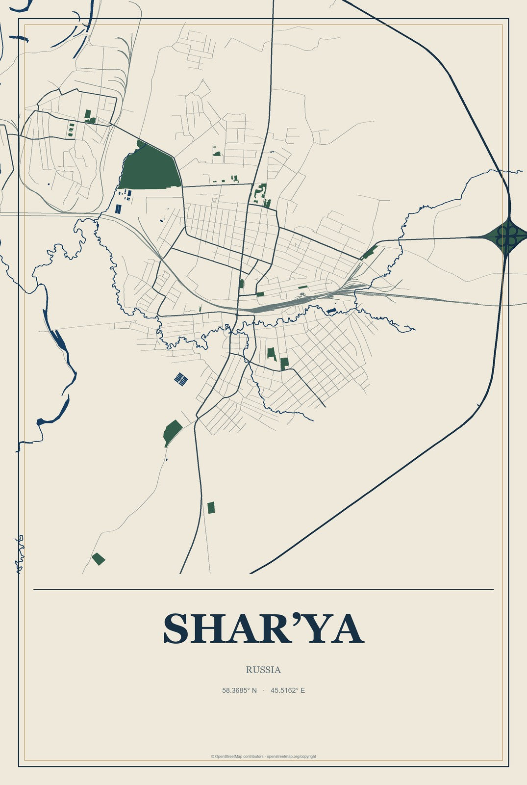 Shar’ya, Russia City Map Aluminum Sign in Coastal Cutout style