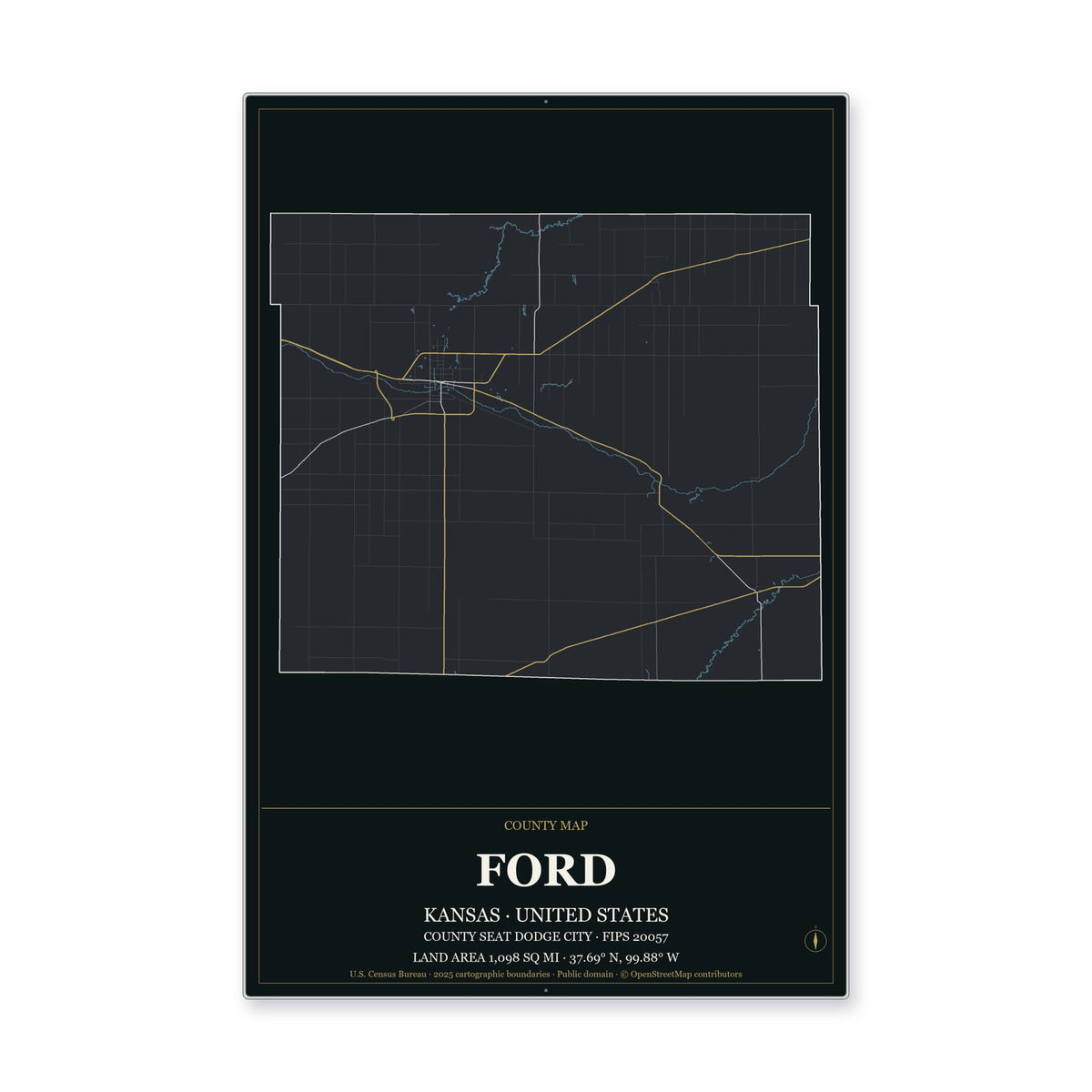 Ford County, Kansas Map Aluminum Sign in Metropolitan Noir style