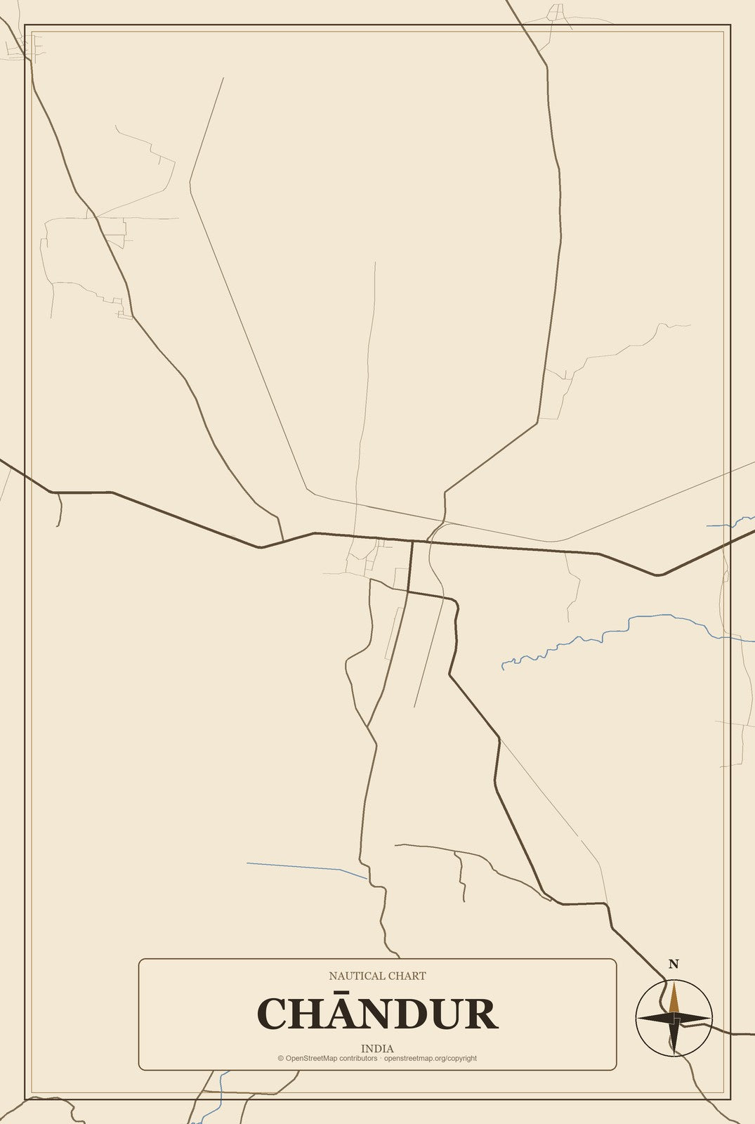 Chāndur, India City Map Aluminum Sign in Heritage Nautical style