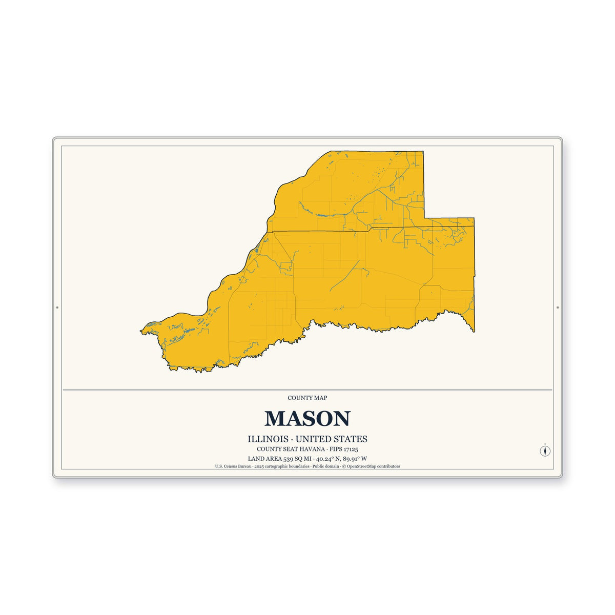 Mason County, Illinois Map Aluminum Sign in Citrine Modern style