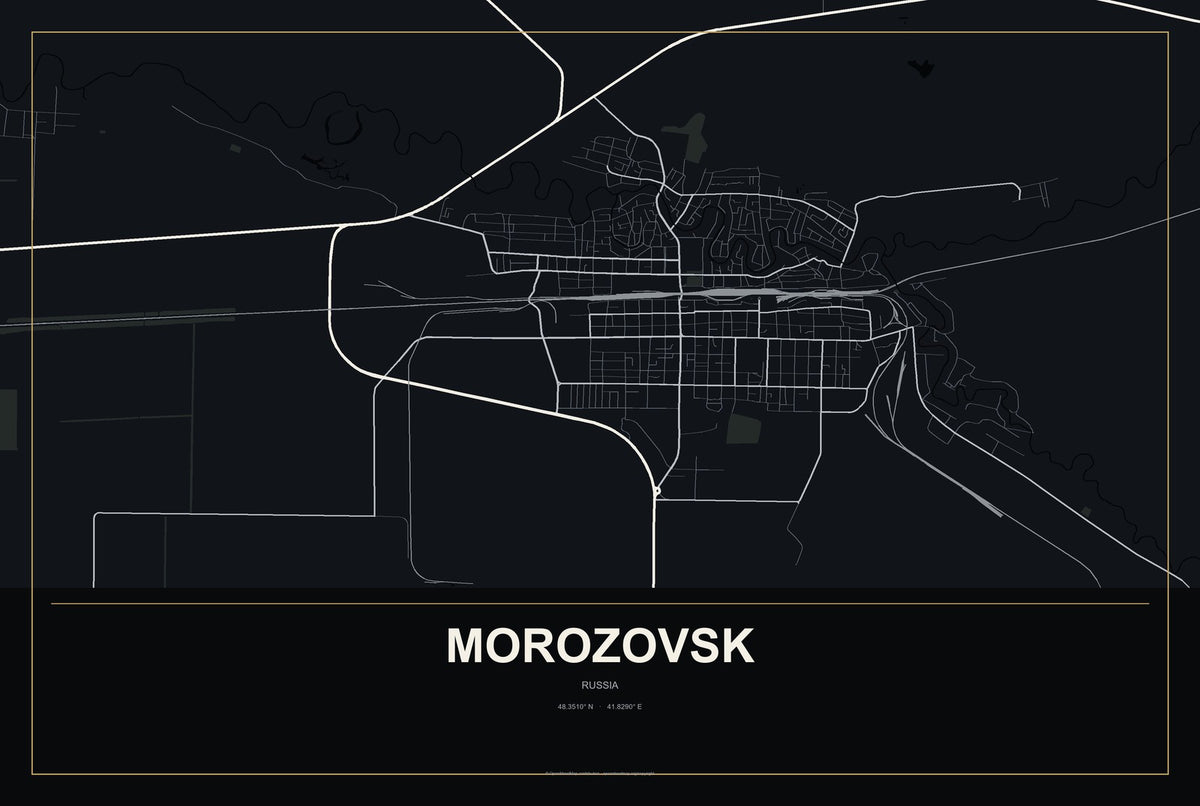 Morozovsk, Russia City Map Aluminum Sign in Metropolitan Noir style
