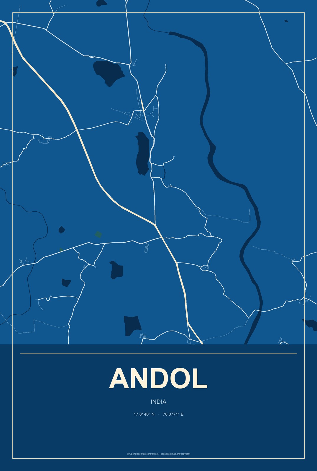 Andol, India City Map Aluminum Sign in Harbor Cobalt style