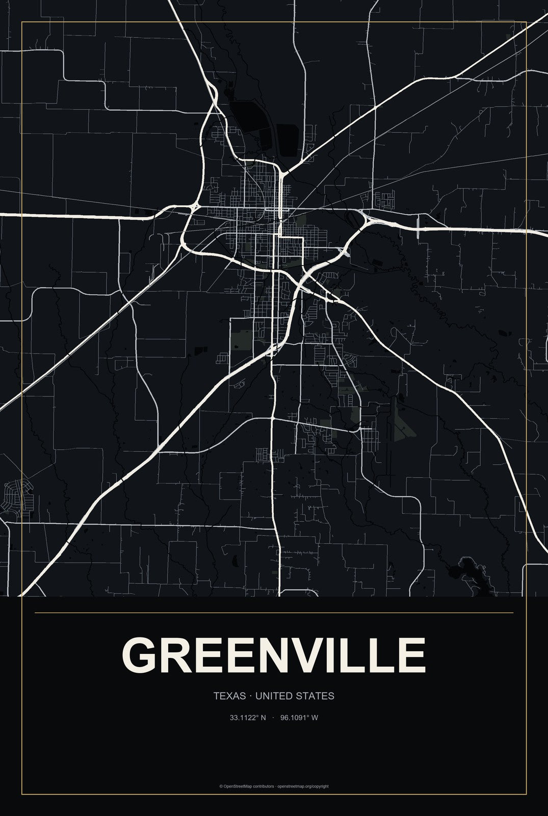 Greenville, Texas City Map Aluminum Sign in Metropolitan Noir style