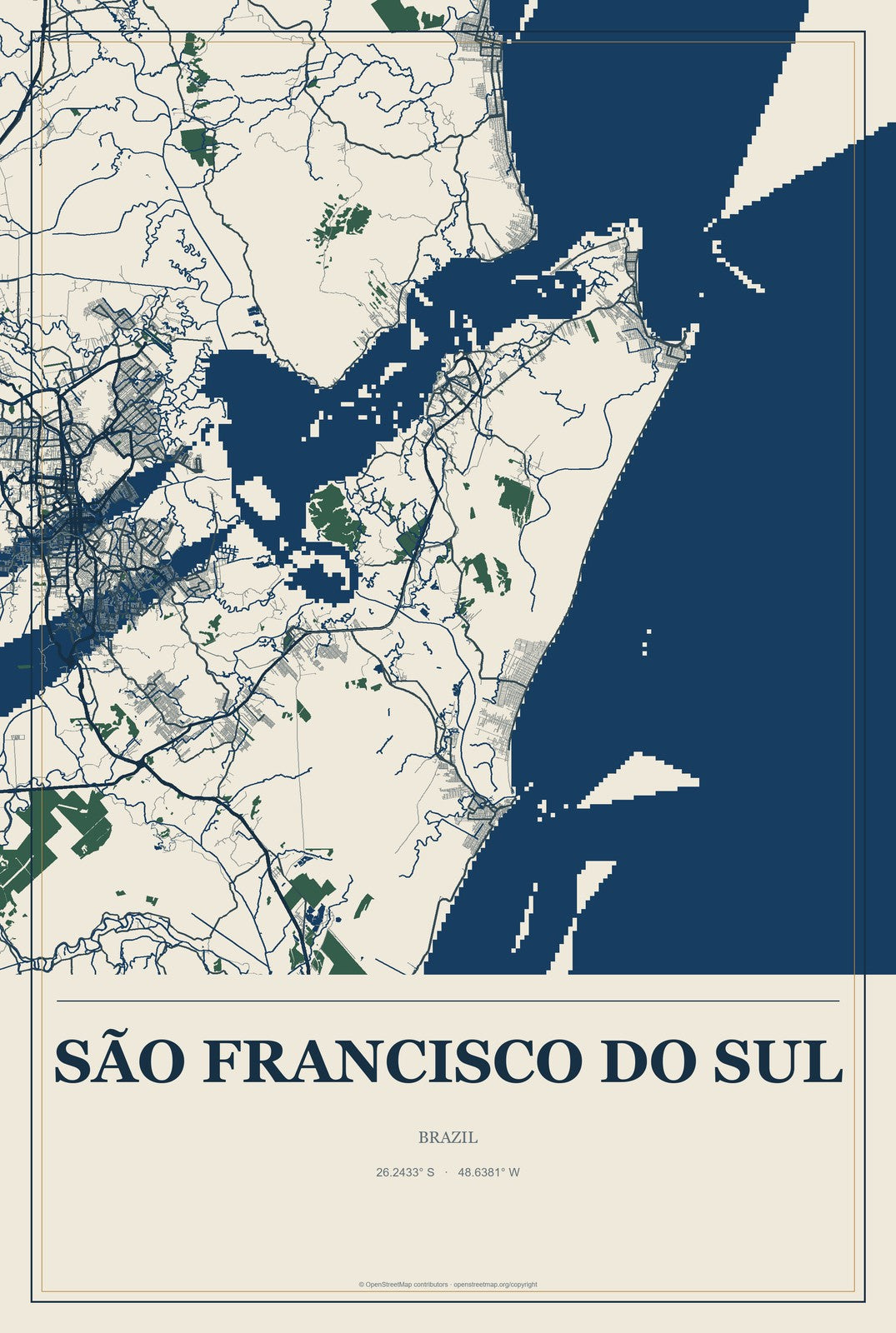São Francisco do Sul, Brazil City Map Aluminum Sign in Coastal Cutout style