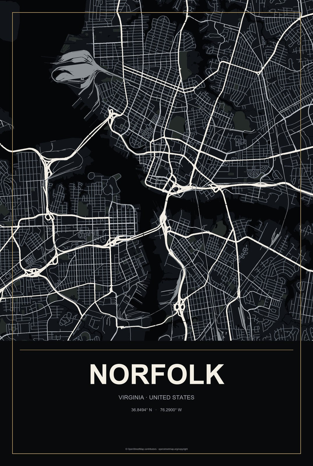 Norfolk, Virginia City Map Aluminum Sign in Metropolitan Noir style