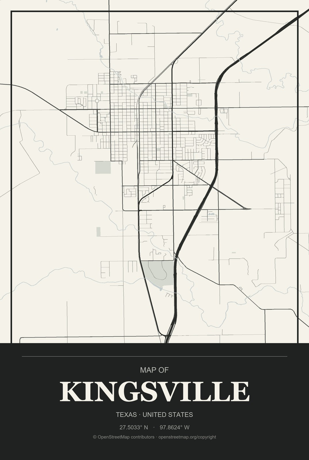 Kingsville, Texas City Map Aluminum Sign in Museum Plaque style