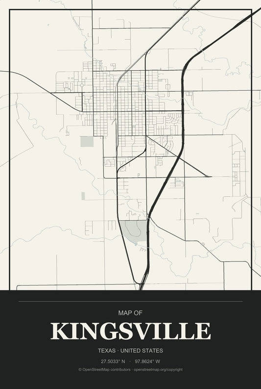 Kingsville, Texas City Map Aluminum Sign in Museum Plaque style