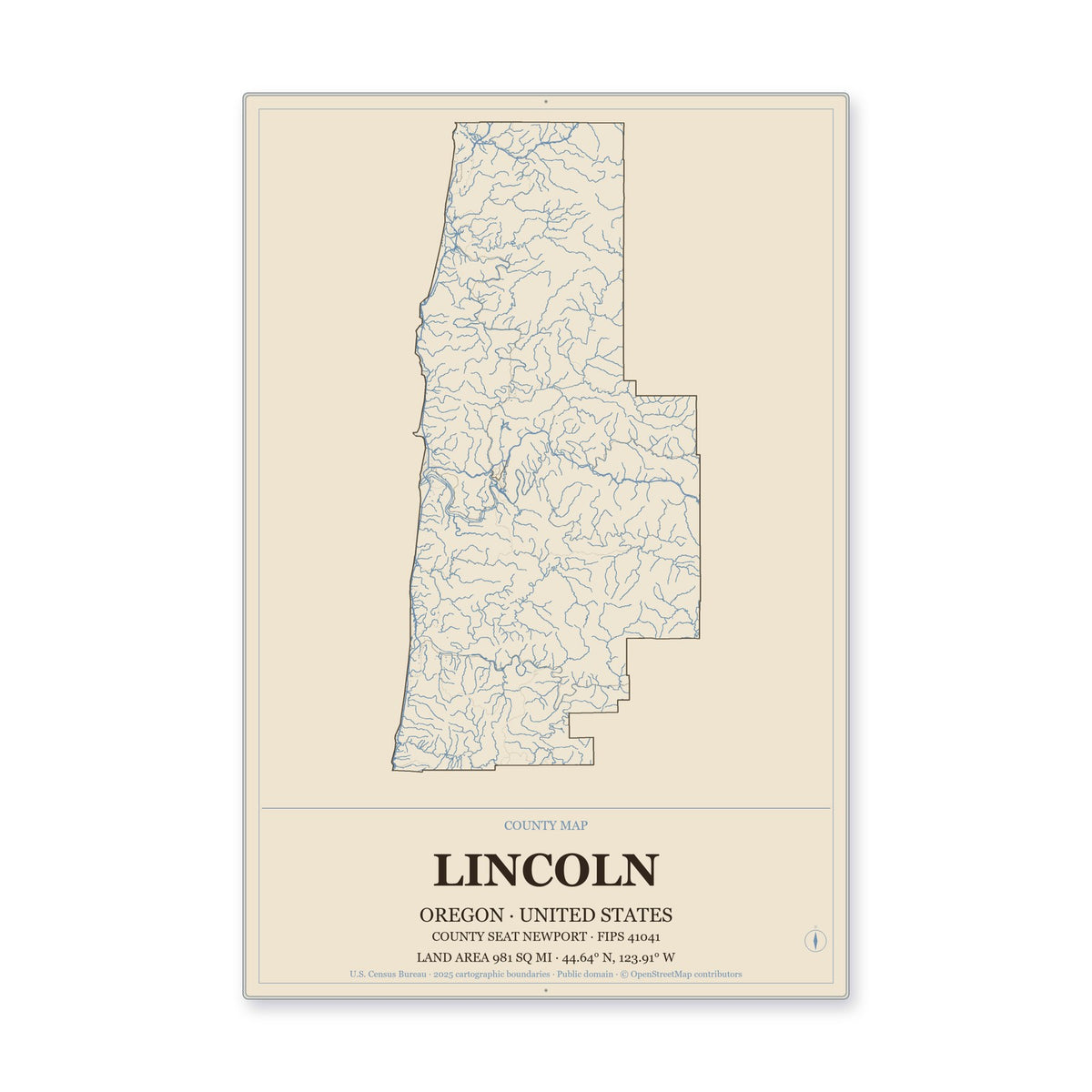 Lincoln County, Oregon Map Aluminum Sign in Heritage Nautical style