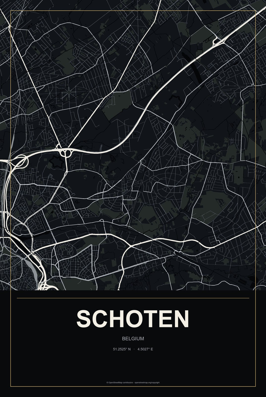 Schoten, Belgium City Map Aluminum Sign in Metropolitan Noir style