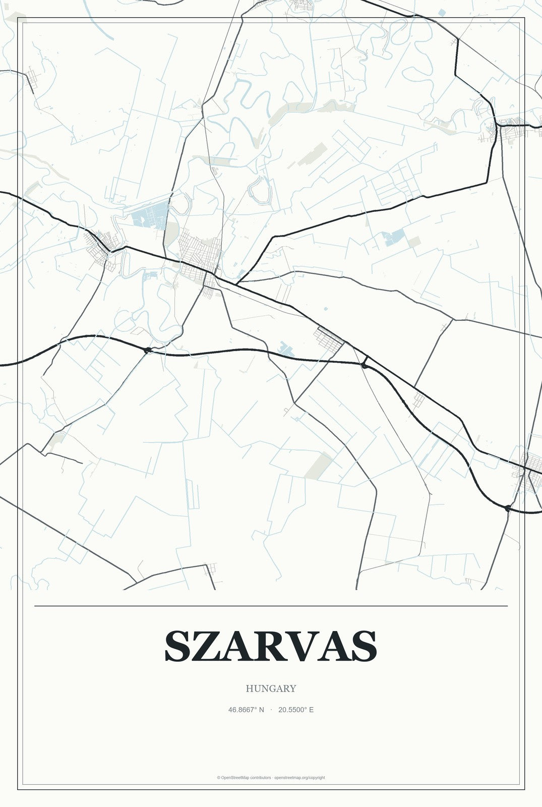Szarvas, Hungary City Map Aluminum Sign in Gallery Air style
