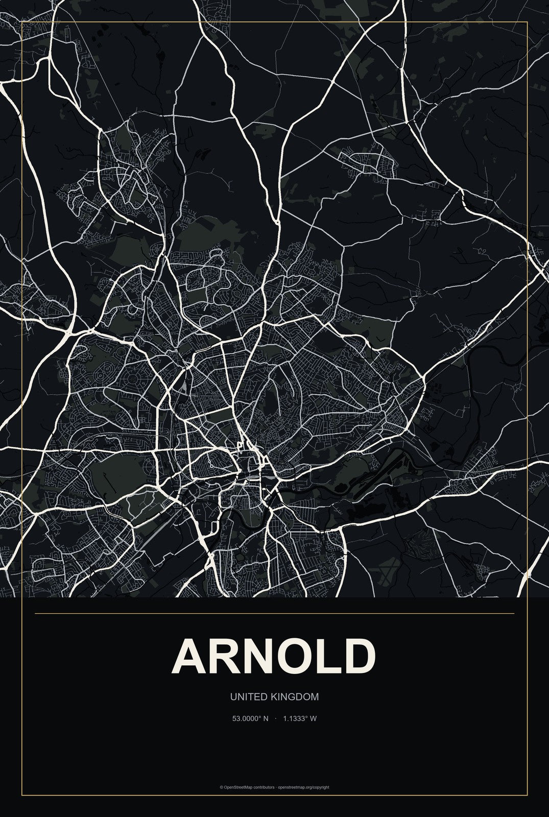 Arnold, United Kingdom City Map Aluminum Sign in Metropolitan Noir style